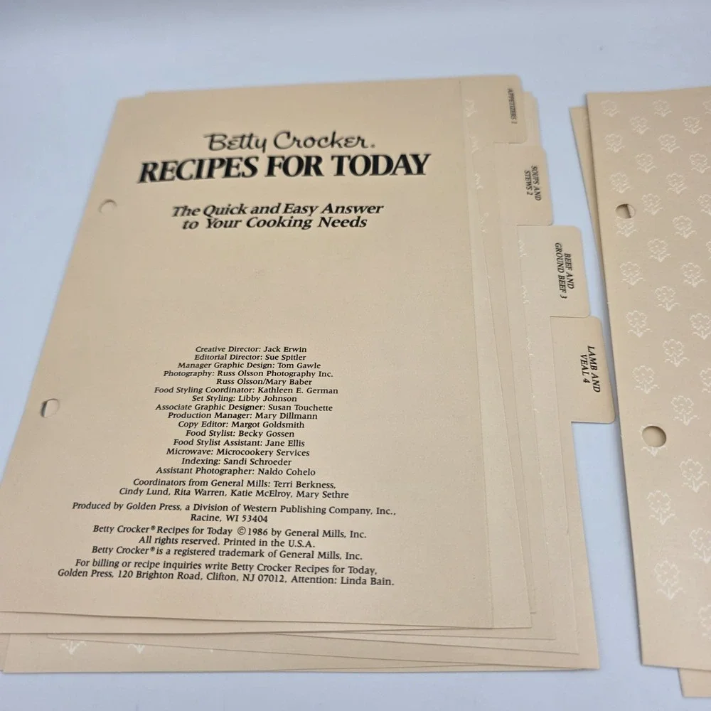 Betty Crocker Recipes For Today 1986 TABS or INDEXES ONLY 18 Complete